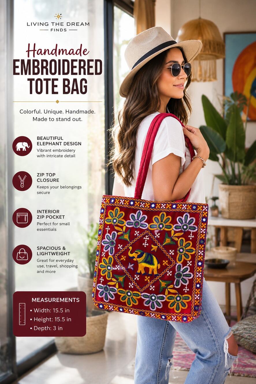 Handmade Embroidered Elephant Floral Tote Bag Zip Top Shoulder Bag 15.5"x15.5"